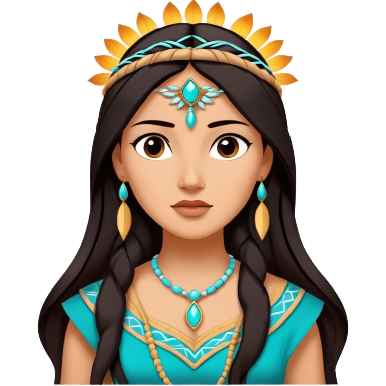 Cinematic Majestic Pocahontas Portrait Emoji, rendered in a clean, vector-style with bold shapes. Show Pocahontas with a serene, noble expression, radiant sun-kissed skin, and elegantly flowing dark hair, dressed in traditional garments with subtle turquoise accents. The design radiates a majestic, natural glow, high shine, and a soft glowing outline, capturing her regal beauty. emoji