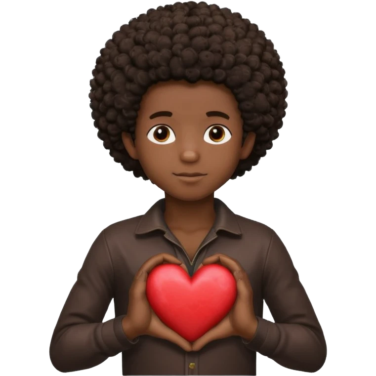 I want a black boy with chocolate skin and a small messy afro holding a heart with the name “Aja” in black close to his chest with his hands over the heart as if to present it to someone he loves. emoji
