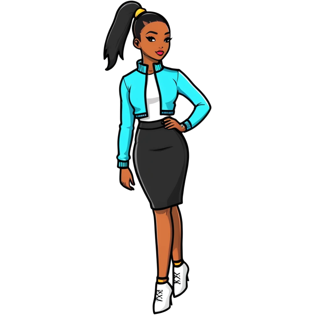 Glamorous African fashion model with tight high ponytail, catwalk pose, trendy designer outfit emoji