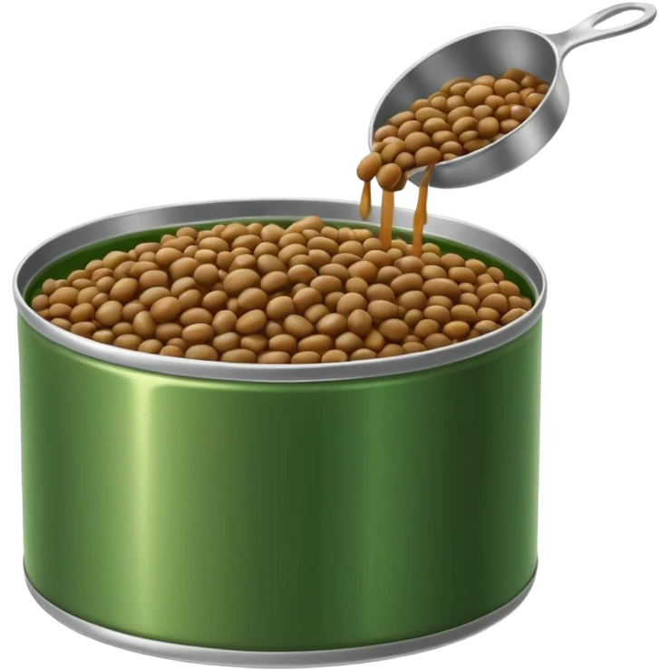 tin can opened to reveal glossy brown-green cooked lentils, moist and slightly shiny, soft rounded shapes, some lentils spilling near the edge, no spoon, no label, no garnish, soft lighting, subtle shadows, transparent background, emoji scale emoji