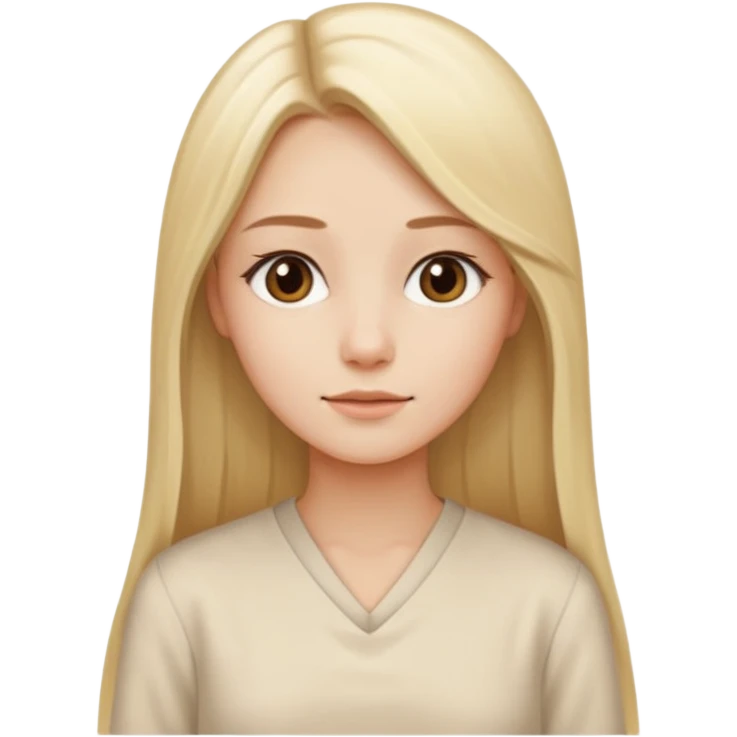 Cewe Kalem Kulit putih halus, rambut blonde panjang lurus rapi, belah samping. Pakai tunic beige terang atau cream soff emoji
