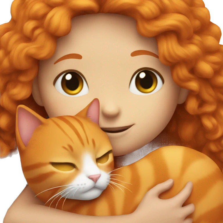 Ginger girl cuddling with at orange cat emoji