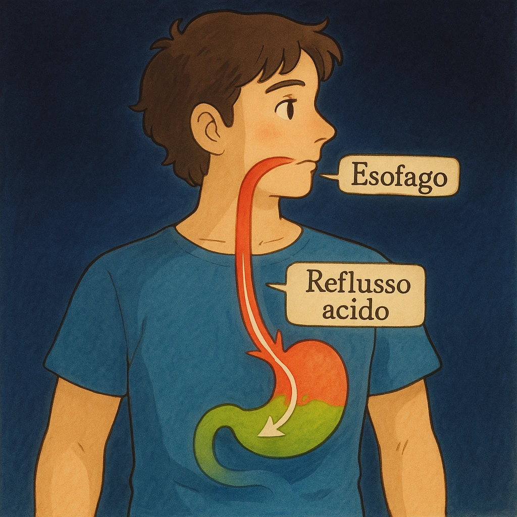 Medical illustration in Italian: stylized man, red esophagus, acid rising from the stomach, labels 'Esofago', 'Stomaco', 'Reflusso acido'. Dark blue background, illustrative style. emoji