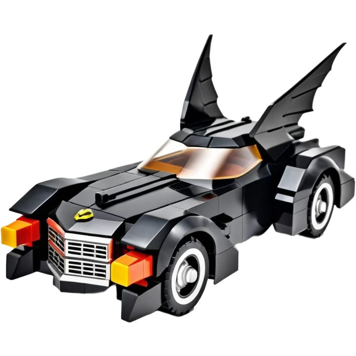  the animated series aerodynamic dark futuristic concept Batmobile loosely based on 1976 Cadillac coupe (flat long straight faceted mechanical body) Lego winged stealthy street hot rod  emoji