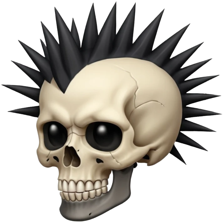 spikey black mohawk hair on a sharp looking skull emoji