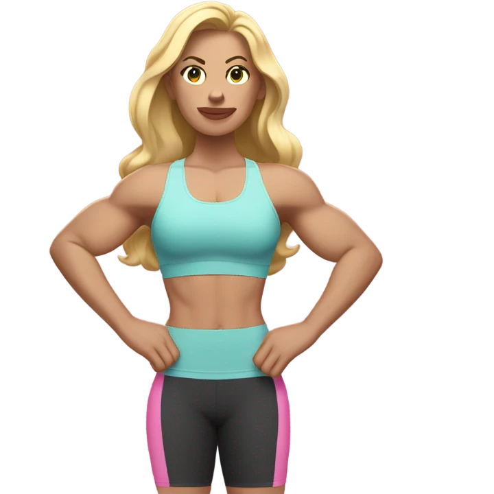 White woman, long hair, blonde hair, wavy hair, baby pink sports bra, flexing arm muscles emoji