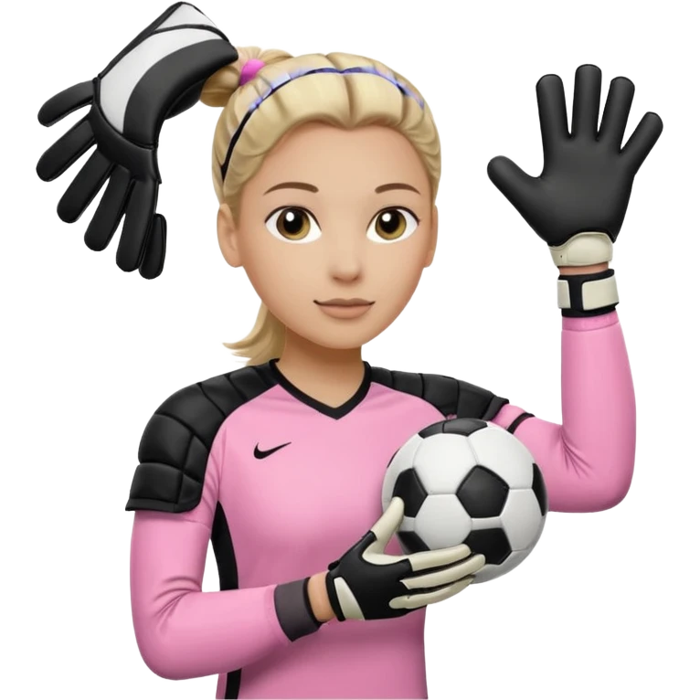 Make a dirty blonde football goalkeeper with goalkeeper gloves on. light skinned and wearing a light pink football kit. Wearing one ponytail on back of head. Make it without the whole body. With full sleeves. No RUGBY BALl.  BLACK AND WHITE BALL.  Holding the ball regularly emoji