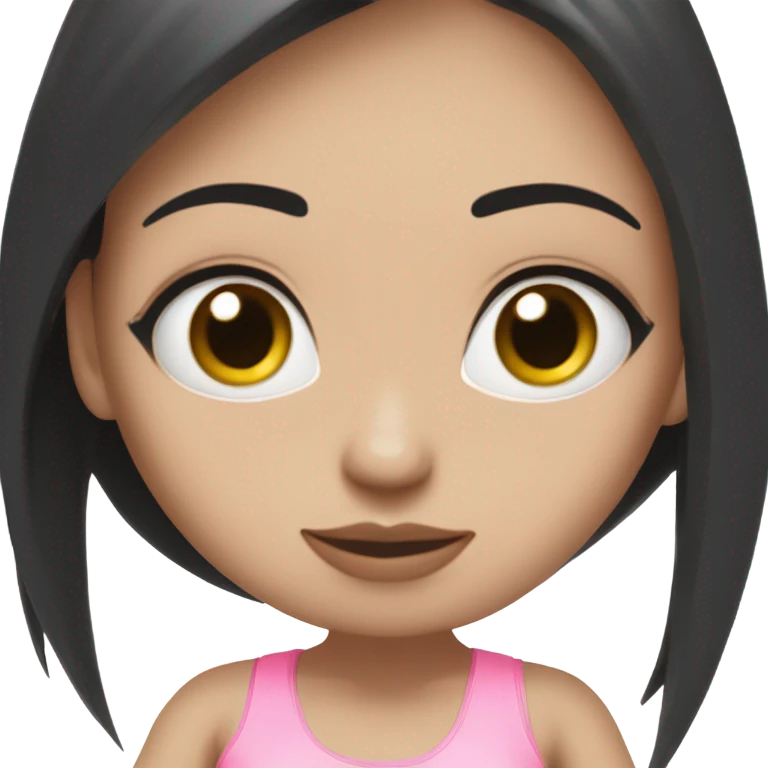 white girl blue eyes with long black hair, sitting in a lotus position, wearing pink bra top and white short skirt emoji