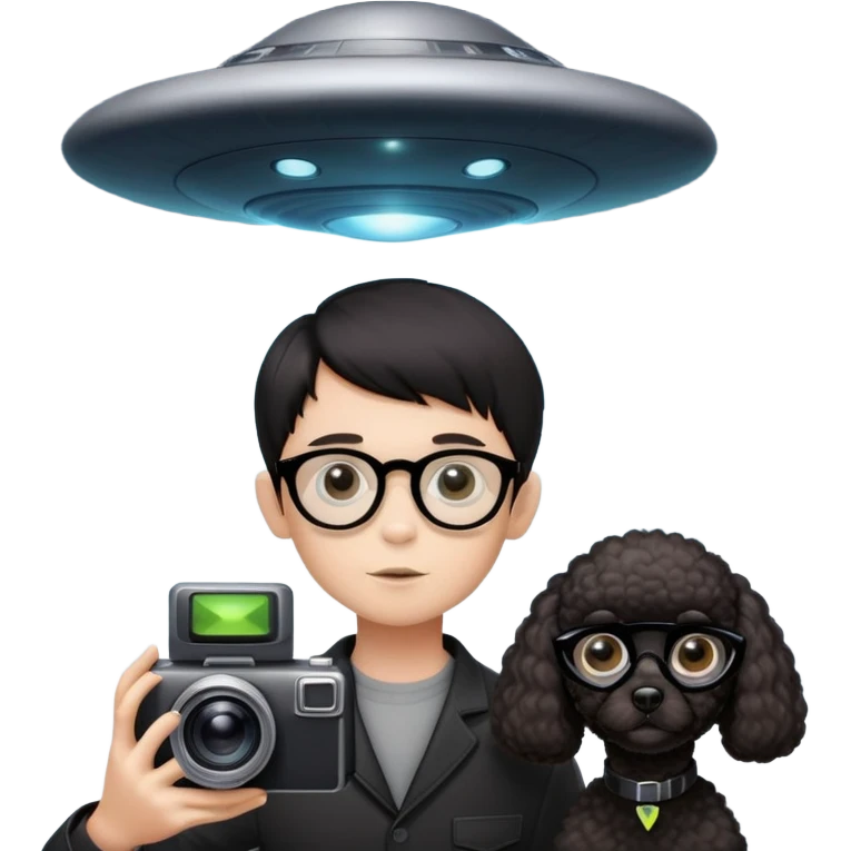 A little boy with straight black medium-length hair, white skin, and black eyes wearing black-framed glasses is taking photos on a UFO with a camera. Beside him, there is an alien and a brown round-headed poodle. emoji