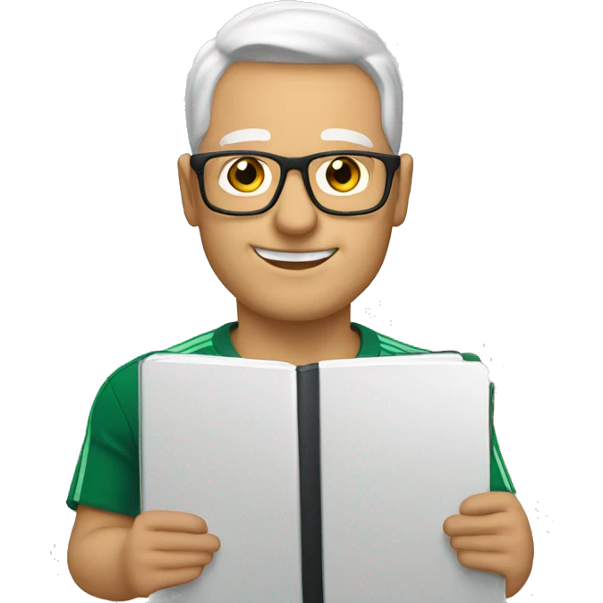 white soccer coach with eyeglasses holding a notebook emoji
