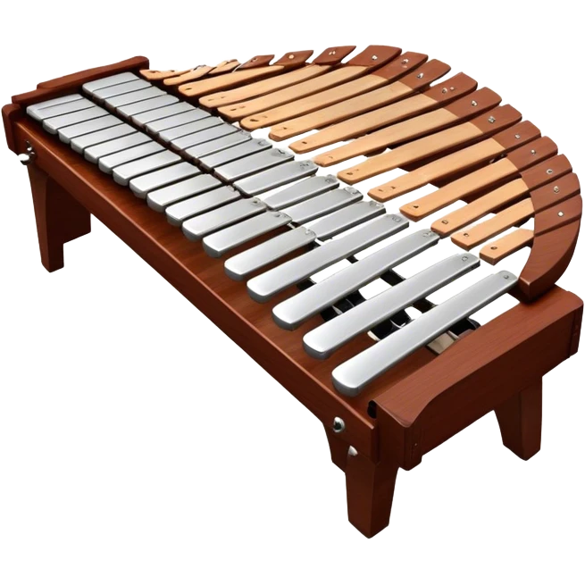 Create a detailed and professional emoji representing a Fleet FLT-SX37 long orchestral wooden xylophone. The design should showcase the large wooden bars of the xylophone, arranged in a traditional setup, with soft metallic accents on the mallets. The bars should have a rich wood texture, with polished details to reflect the quality of the instrument. The mallets should be held above the bars, with the heads clearly visible. Use warm, rich wood tones like mahogany and light brown, with silver or metallic accents for the mallets. Add subtle musical notes floating above the xylophone to emphasize its melodic sound. The background should be transparent. emoji