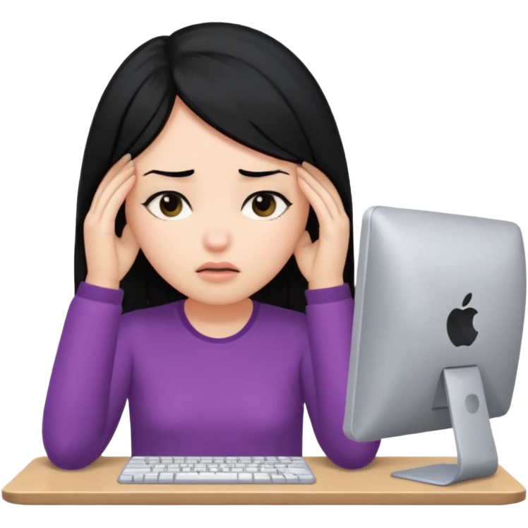 A girl is in front of a computer and is holding her head.The one with black hair emoji