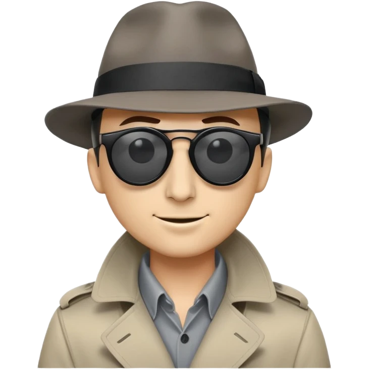 mysterious spy, newspaper up to nose, black sunglasses, hint of smile, dark fedora, gray trench coat, minimal round emoji design, playful secretive mood, plain background emoji