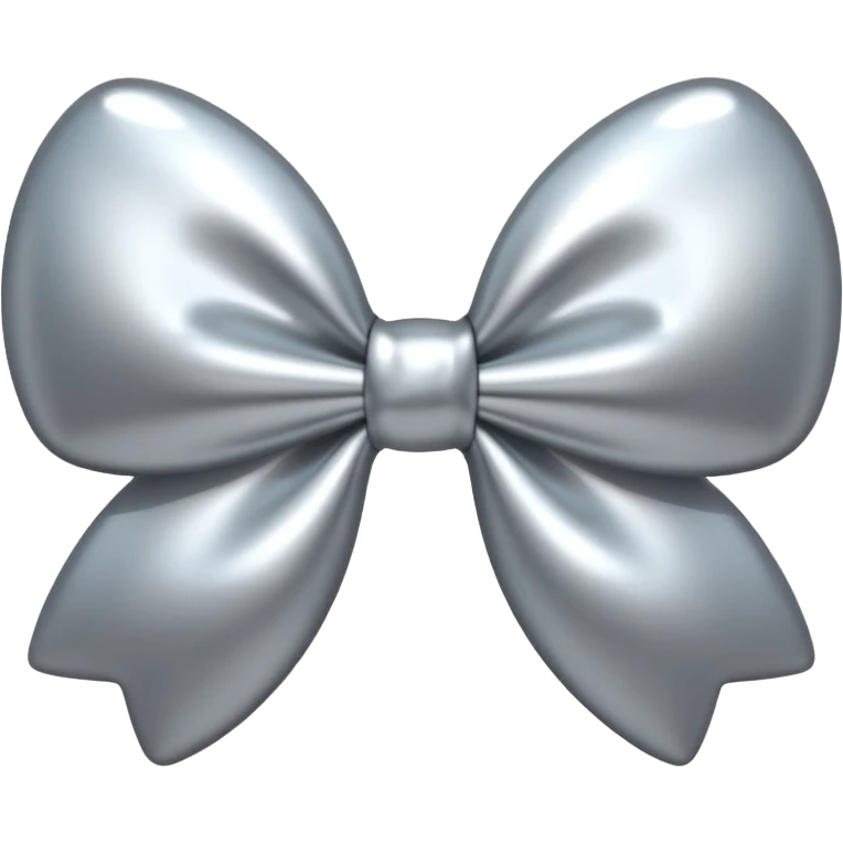 A cute bow emoji made of polished silver chrome, smooth rounded loops, glossy metallic surface, soft mirror reflections, subtle highlights, minimal and adorable proportions, iOS emoji style, centered composition, clean white background, soft studio lighting, no text, no outline, ultra high quality emoji