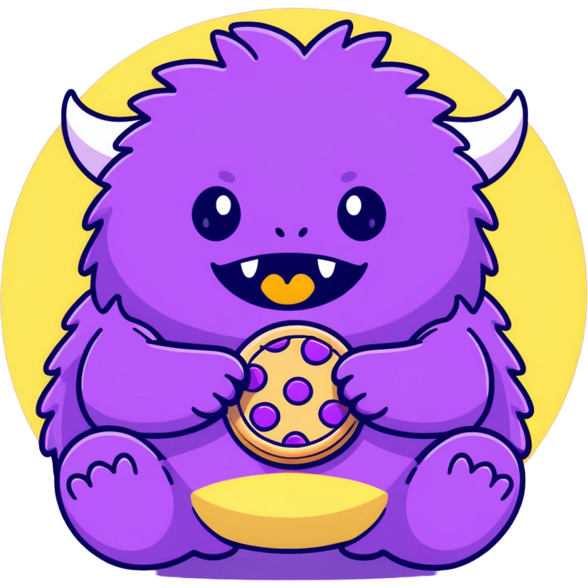 round extra cute purple fluffy monster eating a cookie emoji
