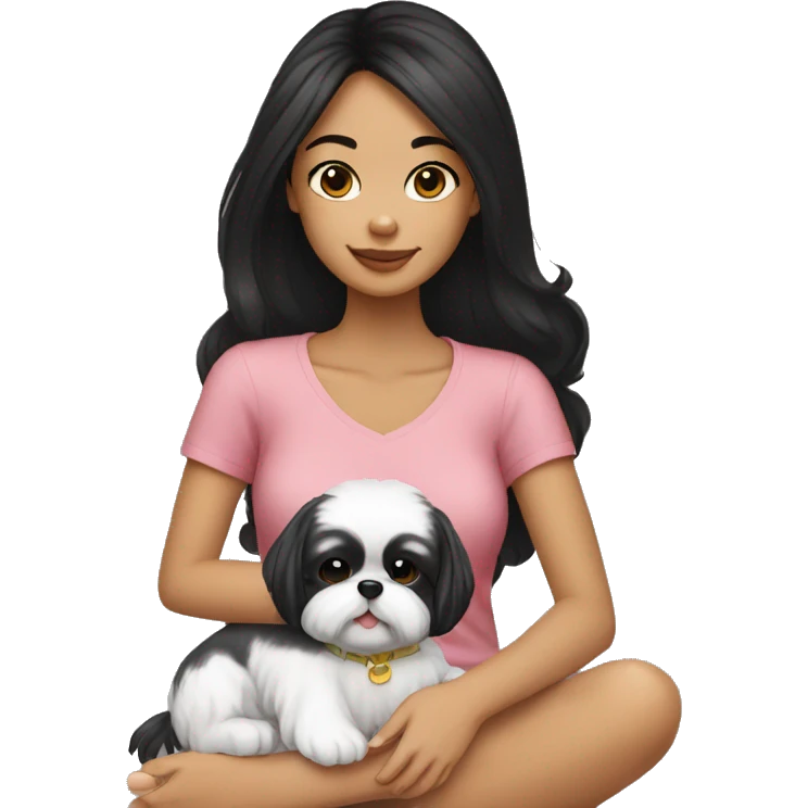  black haired girl holding a shih tzu on her lap emoji