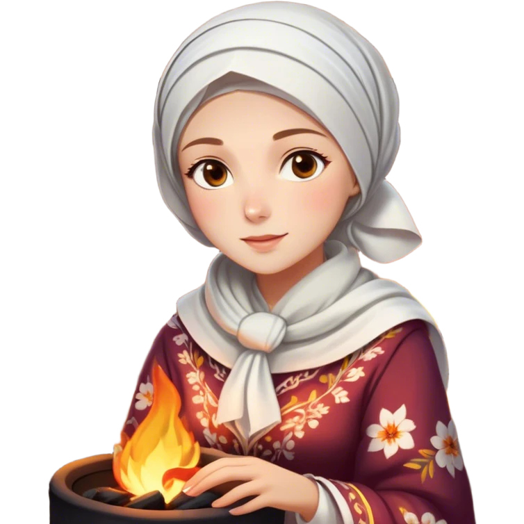 A woman dressed in a beautiful floral traditional outfit with a delicate white headscarf sits by a fire at night. The warm glow of the flames highlights her radiant features, giving the scene a soft, serene, and intimate feel. emoji