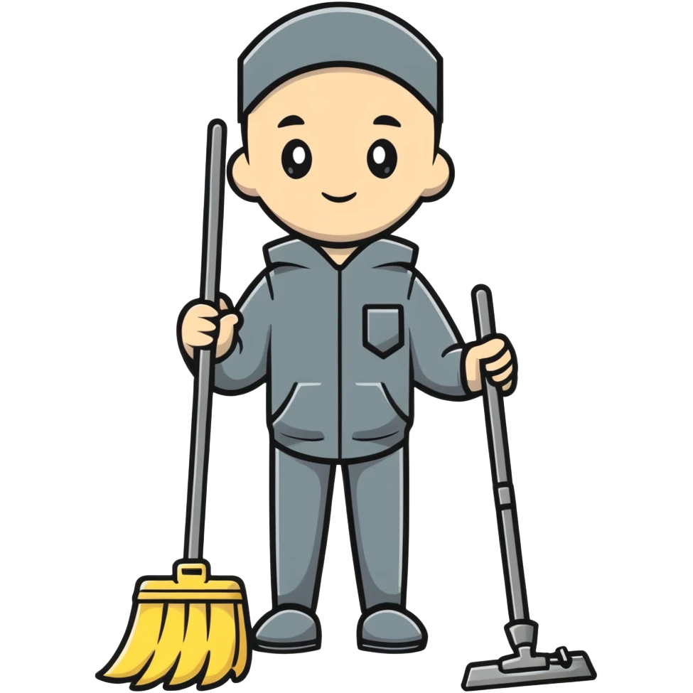 person in dark-grey custodian outfit with cleaning tools emoji