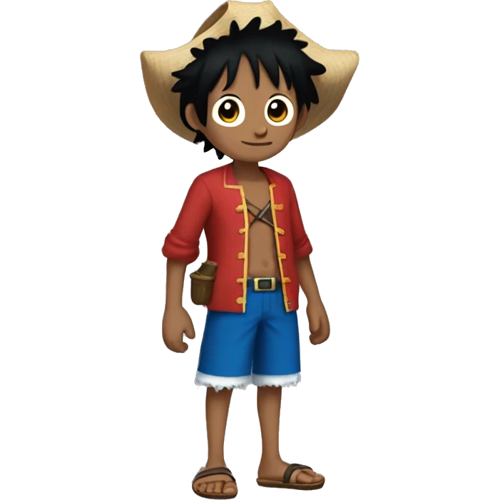 A boy named Luffy is a pirate with black hair red jacket with no shirt underneath with sandals and blue shorts emoji