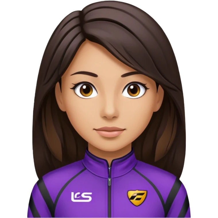 brunette long hair woman with black racing outfit with purple strips emoji