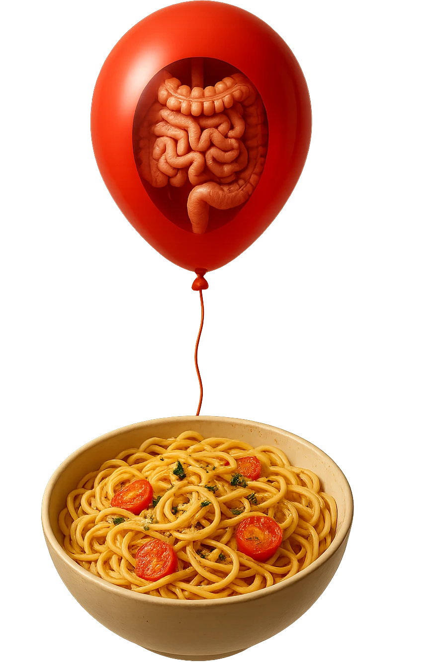 bowl di pasta fluttua in aria insieme ad un palloncino rosso con all'interno un intestino umano anatomico realistico, iperrealistico 4k emoji