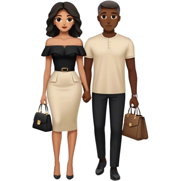 the Lebanese man dressed in all black, and the Palestinian woman in an elegant off-shoulder cream-colored outfit with a matching handbag. emoji
