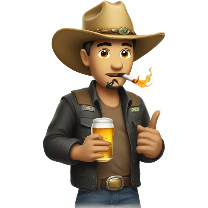 a chinese trucker with a dragon cowboy hat smoking a cigarette drinking a beer emoji