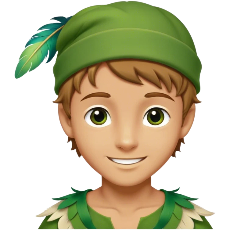 Cinematic Realistic Peter Pan Portrait, depicted with lifelike, youthful skin touched by a gentle sun-kissed glow. His bright, expressive eyes and confident smile evoke a timeless sense of wonder. Dressed in his iconic green tunic and feathered cap, every detail is rendered with soft, natural lighting that highlights his blend of innocence and courageous spirit. emoji