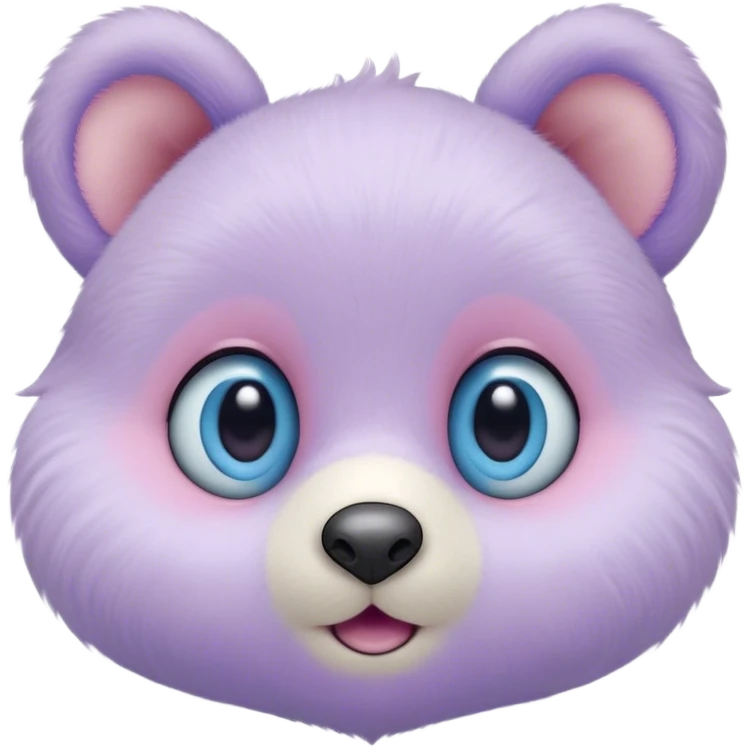 A creature with pastel purple fur and large pixar blue eyes and very small ears like a teddy bear. The nose is just a circle and very small pink. The base around the eyes, eyebrows, nose and mouth is white, blushing. emoji