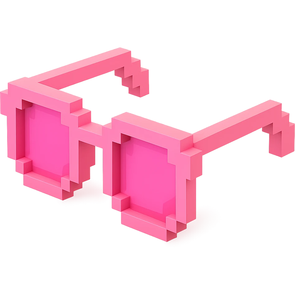 Voxel-style pink glasses with pink lenses, no background, detailed and intricate emoji