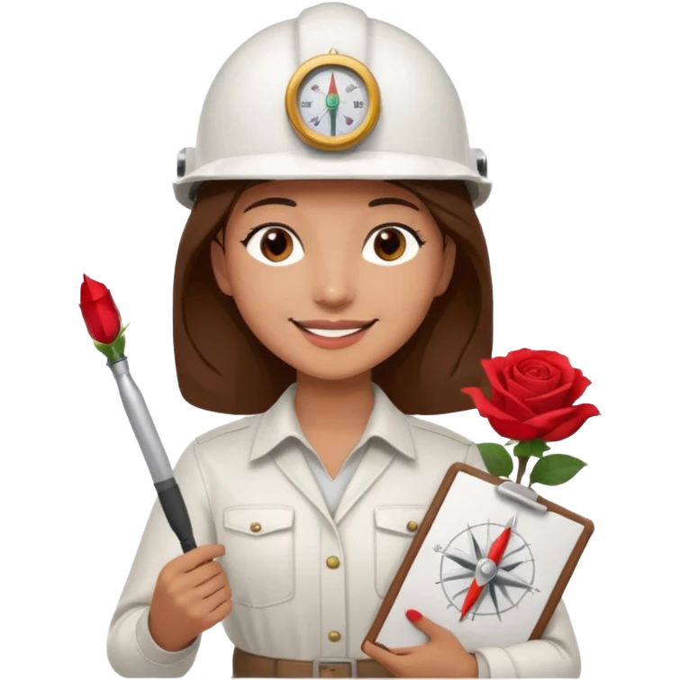 Architect with dark brown eyes, brown eyelashes, shoulder-length brown hair, smiling, white helmet, drawing compass, and rose. emoji
