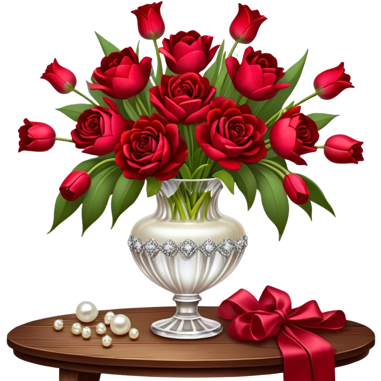 "A romantic still life of a crystal-clear red glass vase brimming with a lavish mix of scarlet roses, tulips, peonies, and silk-like pansies, with pearl-hued ribbons cascading gracefully over a vintage wooden table."
 emoji