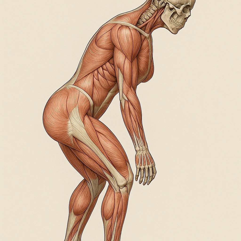 Faithful anatomical illustration of the girl in the same position as the reference photo, muscles and bones, identical proportions and posture. Medical style with clear details. emoji