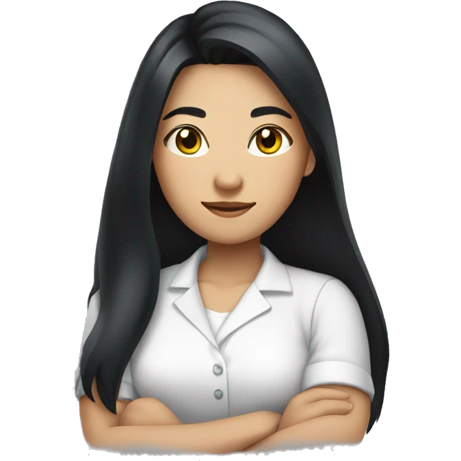A woman with a confident expression, arms crossed, long black hair, wearing a bright white shirt, asian
 emoji