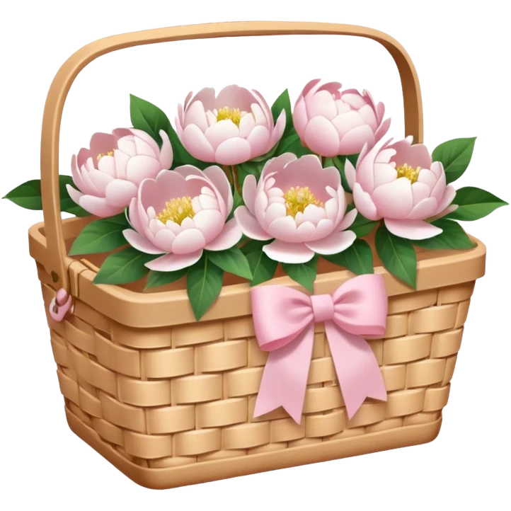 White Picnic basket with light pink bow and white peonies inside emoji