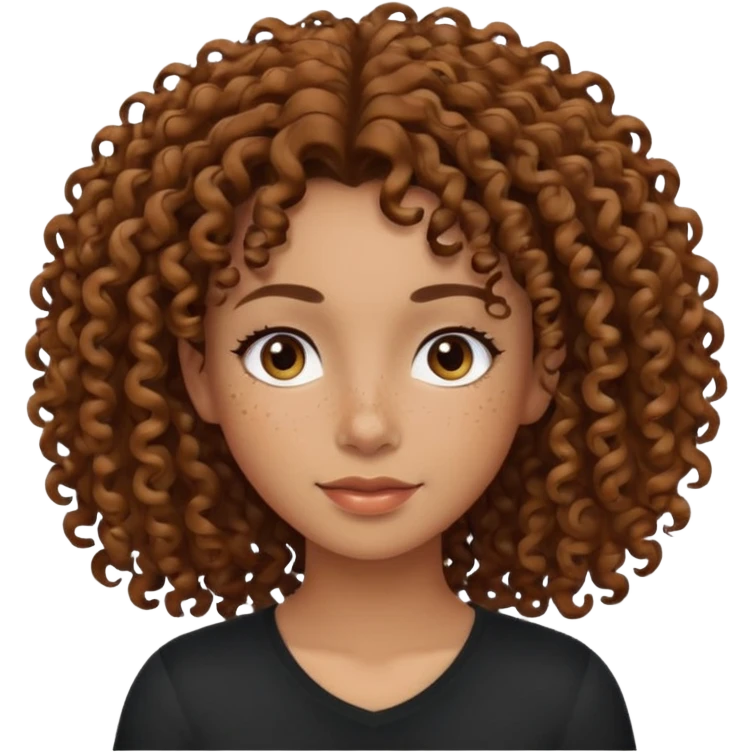 iPhone-style avatar icon of a morena woman, curly hair, some freckles, black shirt, simple and expressive emoji