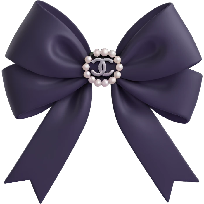 Change the bow to a velvet bow, keep pearls and silver Chanel logo, elegant, glossy, black and white, 3D emoji style. emoji