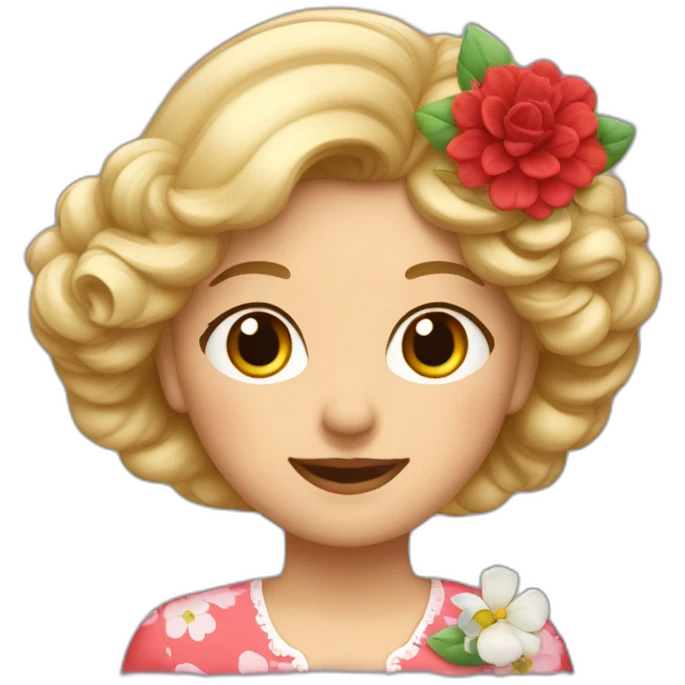 Une grand-mère avec des cheveux blonds et une chemise avec des fleurs avec des fleurs rouge emoji