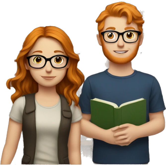 a ginger girl and a brunette boy, both with glasses. they have books in front of them, learn emoji