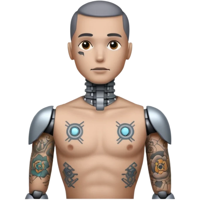 gray Tatooed robot, big many tatooes on chest, neck and face emoji