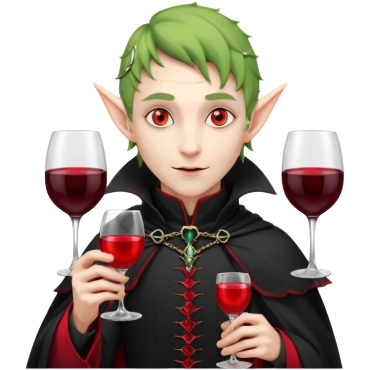 male elf vampire emoji, pale skin, red glowing eyes, long pointed ears, black high-collared cloak with red lining, holding a wine glass filled with red liquid, elegant Halloween fantasy look, smooth Apple emoji style, clean white background, square image emoji