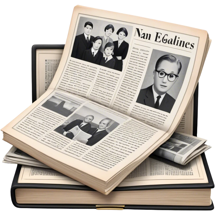 Icon for Non-Fiction & Narrative Reading: an open book with black-and-white photos on the pages, surrounded by a pile of newspaper clippings, and an open folder with top-secret documents. The icon should reflect the blend of real stories and facts in non-fiction literature. Transparent background. emoji