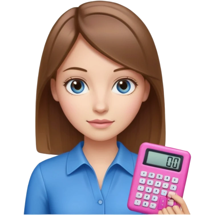 female with straight brown hair with blonde highlights and blue eyes holding a pink calculator emoji