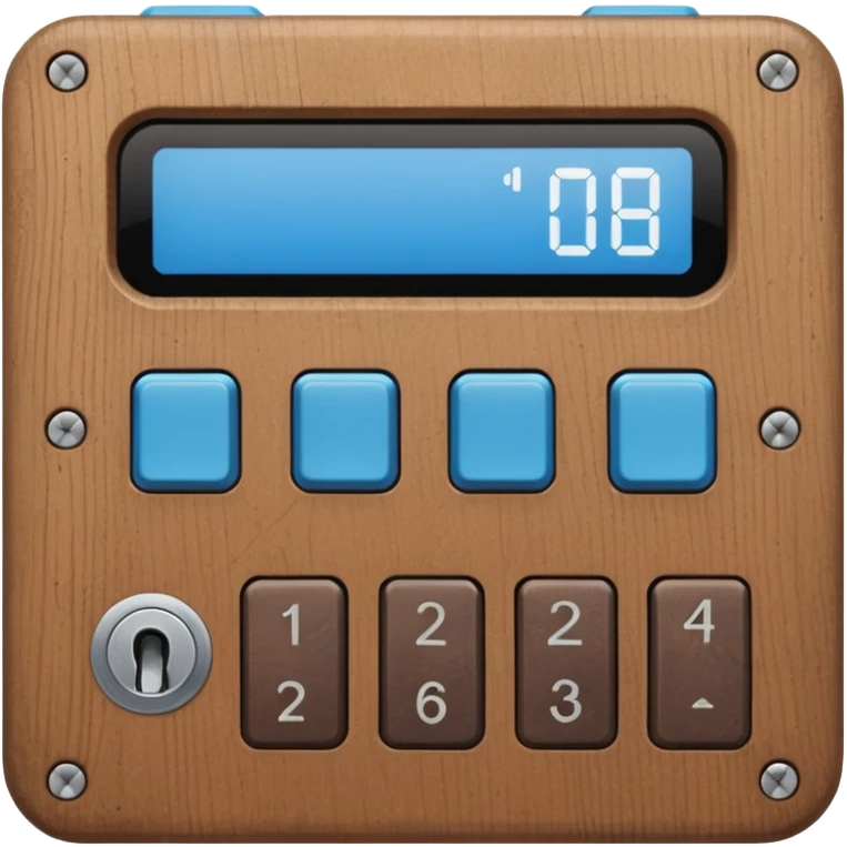 wooden rectangle keypad with a blue small screen and a door holder emoji