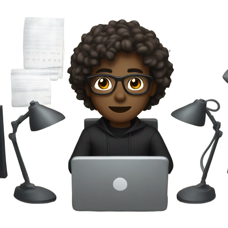 a character with dark glasses, medium dark skin, wavy hair, brown eyes, sitting at a computer, wearing black clothes. emoji