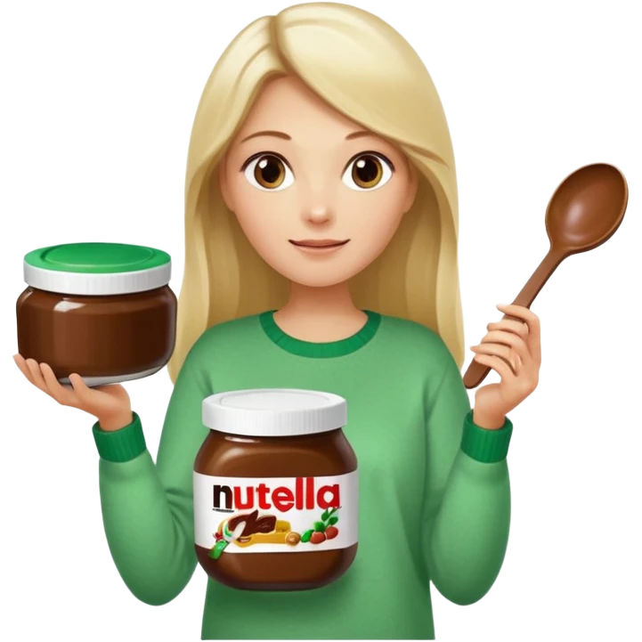Blond woman with white and green pullover holds in one hand a big carriage of Nutella and in the other hand a oversized spoon which is in the carriage of Nutella. Her hair is long. And the Nutella jar is very big emoji