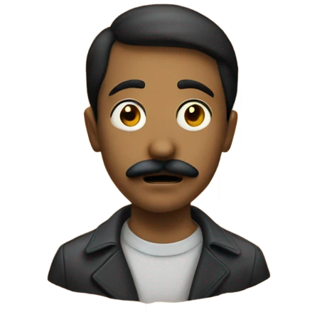 young man with mustache on street being haunted by a wooden mask emoji