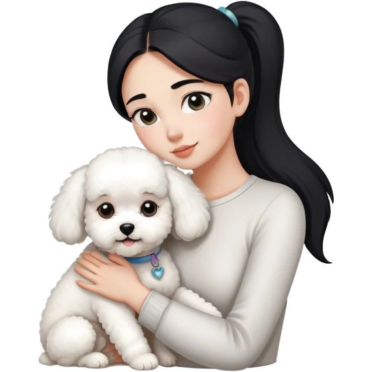 One long face girl with straight black hair in a ponytail，hugging one Bichon frise emoji