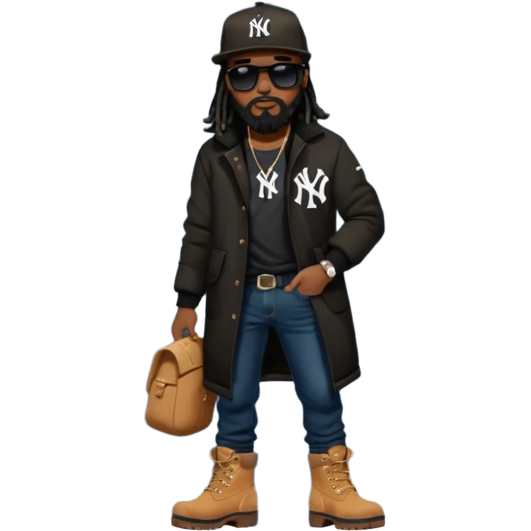 African American man with shoulder length black dreadlocks with black beard wearing black sunglasses wearing a black New York Yankees logo baseball cap wearing a black bubble winter coat wearing denim skinny jeans and timberland boots putting on his shoes emoji
