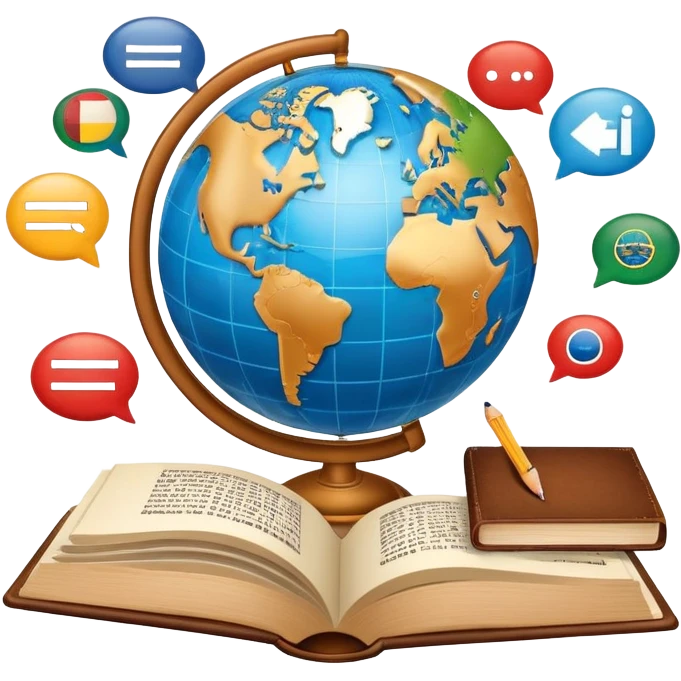 An icon featuring a globe with speech bubbles in different languages, symbolizing the study of foreign languages. The design includes a book and a pencil, representing learning and communication across cultures. Transparent background highlights the global nature of language education. emoji
